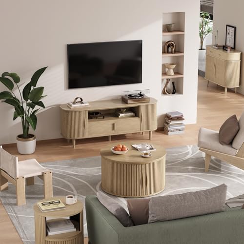 SULIVES Round Coffee Table with Lifting Top, Multifunctional Lift Top Drum Coffee Table with Sliding Door, Small Fluted Center Table for Living Room, Oak - color: Oak_round-lift-top