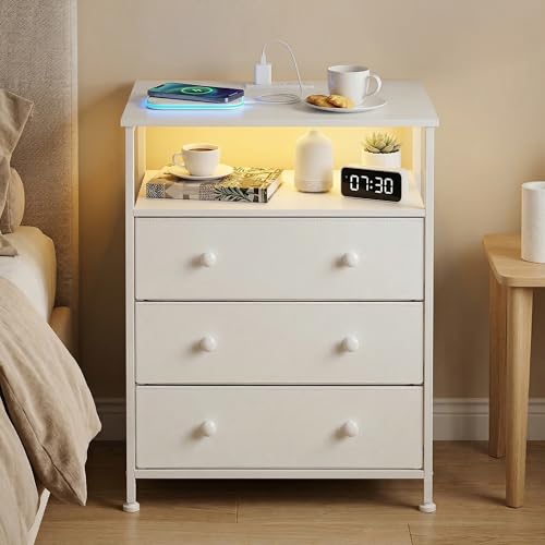 3-Drawer LED Nightstand with Charging Station, White | Engineered Wood and Steel, 2 AC and 2 USB ports, 24 Inch Wide, RGB App Control, Fabric Drawers, Open Storage Shelf - color: White