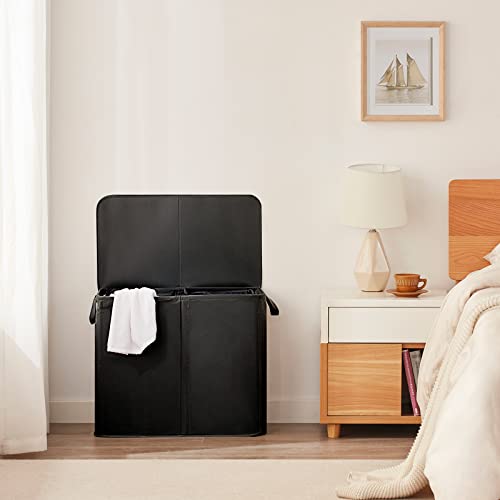 Lifewit Double Laundry Hamper with Lid and Removable Laundry Bags, Large Collapsible 2 Dividers Dirty Clothes Basket with Handles for Bedroom Laundry Room Closet Bathroom College, 136L Black - color: Black, size: 136L