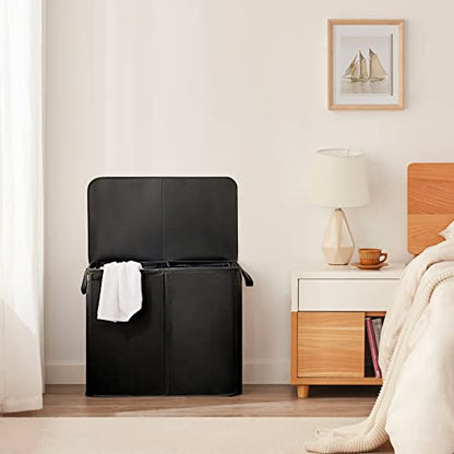 Lifewit Double Laundry Hamper with Lid and Removable Laundry Bags, Large Collapsible 2 Dividers Dirty Clothes Basket with Handles for Bedroom Laundry Room Closet Bathroom College, 136L Black - color: Black, size: 136L