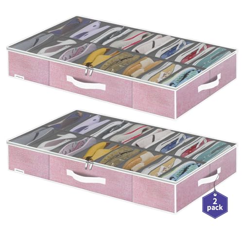 Onlyeasy Large Under Bed Shoe Organizer Container Box, Set of 2, Fit 16 to 32 Pairs of shoes, Underbed Shoes Closet Storage Solution, L37.7x W23.6x H5.9 inch, Cotton-like Pink, MXPUBS16P2 - color: 2 Shoes (16+16 Cells) Cotton-like Pink