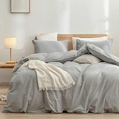 BESTOUCH Cotton Solid Duvet Cover Set Linen Feel Light Grey Twin | 100% Washed Cotton, Soft Wrinkle Texture, Hidden Zipper, 8 Ties, Breathable Lightweight Durable Comfy, 2 Pcs No Insert - color: Light Grey (No Comforter), size: Twin/Twin XL (68" X 90")
