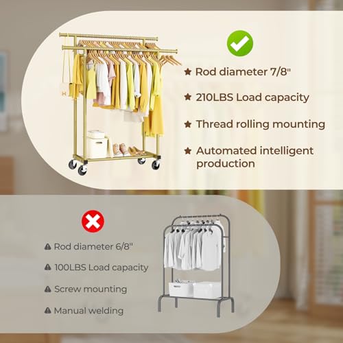 HYSEYY Double Rods Clothes Rack, Sturdy Rolling Clothing Rack, Portable Clothing Racks for Hanging Clothes - Metal Garment Rack Wardrobe Coat Rack for Bedroom Laundry Living Room, Gold - color: Gold
