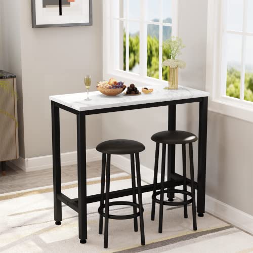 AWQM 39.3" Bar Table Set of 2,Faux Marble Pub Height Table and Chairs Set of 2 with Upholstered Stools,3 Piece Bar Table and Chairs Set Dining Table Set for Living Room,Kitchen,Bar,White & Brown - style: Modern 39.3"