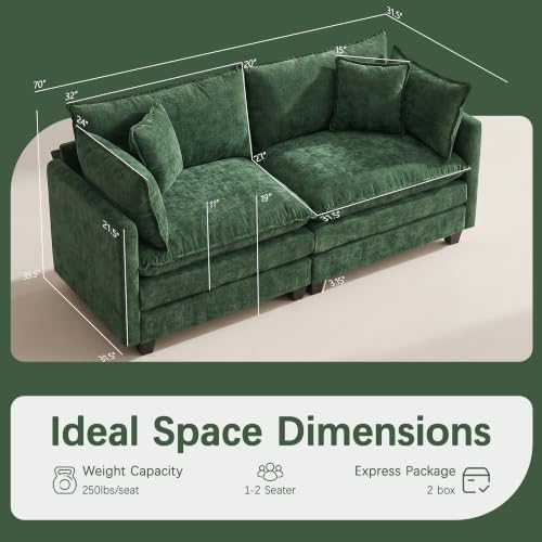 Oversized Loveseat Sofa, 70" Sectional Cloud Couch, 2 Seat Modern Comfy Sofa Chenille Deep Seat Couches with 2 Pillows, for Small Apartment, Bedroom, Living Room（Green 70" Loveseat） - color: Green, size: 70" Loveseat