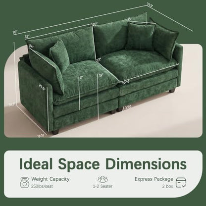 Oversized Loveseat Sofa, 70" Sectional Cloud Couch, 2 Seat Modern Comfy Sofa Chenille Deep Seat Couches with 2 Pillows, for Small Apartment, Bedroom, Living Room（Green 70" Loveseat） - color: Green, size: 70" Loveseat