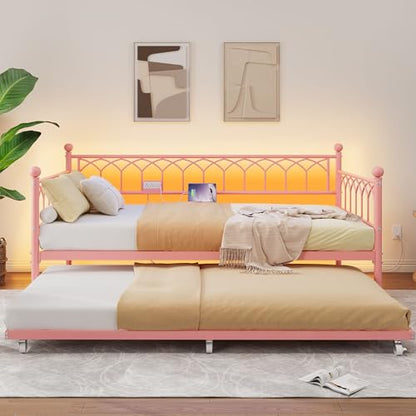IDEALHOUSE Twin Daybed with Trundle, Day Bed with Charging Station and LED Lights, Heavy Duty Metal Bed Frame, Metal Sofa Bed Frame with Steel Slat Support for Living Room, Bedroom, Apartment, Pink | Charging Station, LED Lights, Pull-Out Trundle, Space-S