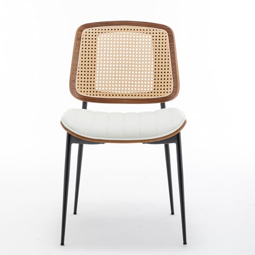 LUNLING Dining Chairs Set of 4 Mid Century Modern Retro White Faux Leather Kitchen Chairs with Walnut Bentwood Upholstered Seat Metal Legs Chair Adjustable Foot for Kitchen Dining Room - color: White, size: Set of 4