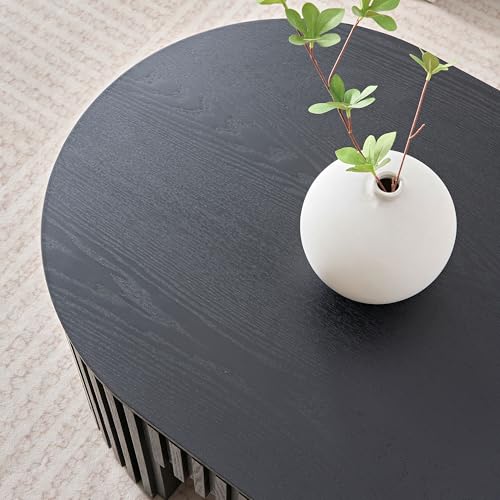 51.18'' Oval Wood Coffee Table with Drawer, Centre Table Tea Table Fluted Coffee Table Mid Century Modern Coffee Table Round Coffee Table Unique Coffee Table for Living Room Apartment-Black - color: Black, size: 51.18"x23.62"x14.56"