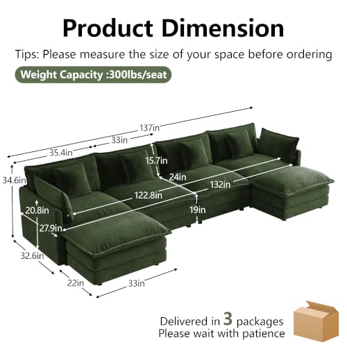 4 Seater Sectional Sofa,137 inch U-Shape,Green | Chenille Deep Seat Sofa with Pillow for Living Room, Bedroom and Apartment - color: Green, size: 137Inch-U