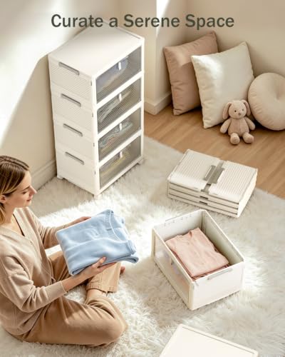 23QT Stackable Storage Bins with Lids and Wheels, 4 Tier 92QT Foldable Plastic Storage Drawers with Magnetic Doors, 4 Pack Collapsible Closet Organizer for Bedroom Office, White