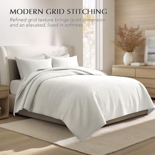 100% Cotton Modern Grid Stitch Quilt Set Queen Size, Bright White | Pre-Washed Cotton Coverlet Bedspread, Oversized Lightweight 3-Piece Bedding Set for All Season, with 2 Pillow Shams - color: Bright White, size: Full/Queen (96" X 94")