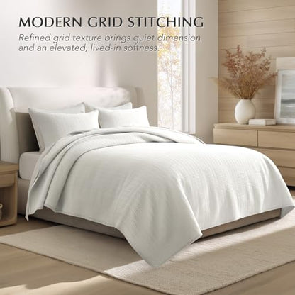 100% Cotton Modern Grid Stitch Quilt Set Queen Size, Bright White | Pre-Washed Cotton Coverlet Bedspread, Oversized Lightweight 3-Piece Bedding Set for All Season, with 2 Pillow Shams - color: Bright White, size: Full/Queen (96" X 94")
