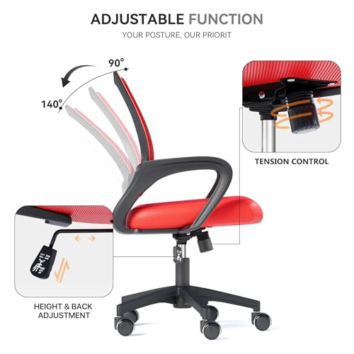 Office Chair, Ergonomic Mid-Back Mesh Desk Chair with Lumbar Support, Adjustable Height Computer Chair with Rolling Wheels Design,Comfy Armrest for Work, Study, Gaming, Red - color: Red