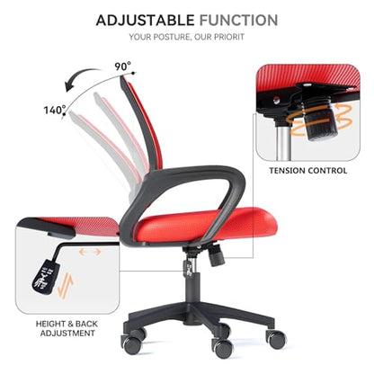 Office Chair, Ergonomic Mid-Back Mesh Desk Chair with Lumbar Support, Adjustable Height Computer Chair with Rolling Wheels Design,Comfy Armrest for Work, Study, Gaming, Red - color: Red