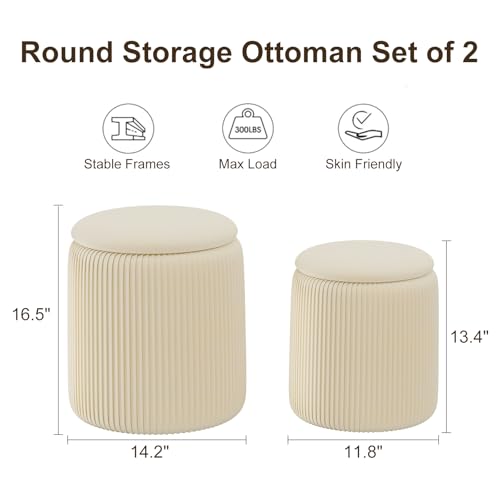 Beige Ottoman with Storage Set of 2, Upholstered Velvet Vanity Stool, Comfy Round Makeup Vanity Stools, Large Storage Ottoman Foot Rest, Pouf Seat for Living Room/Bedroom - color: Beige