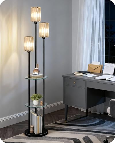 Black Floor Lamp with Shelves, Modern Floor Lamp with 3 Crystal Shades and Foot Switch, 3-Light Standing Lamp, for Living Room, Bedroom, Study, Office, Black B53LD05 - color: Black + Crystal Glass