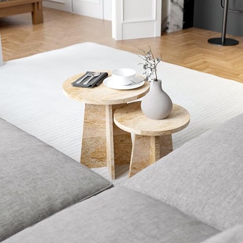 Travertine Efect Round Nesting Coffee Table Set of 2 Modern Coffee Table Small Side Table End Table for Living Room