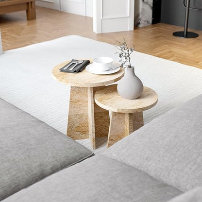 Travertine Efect Round Nesting Coffee Table Set of 2 Modern Coffee Table Small Side Table End Table for Living Room
