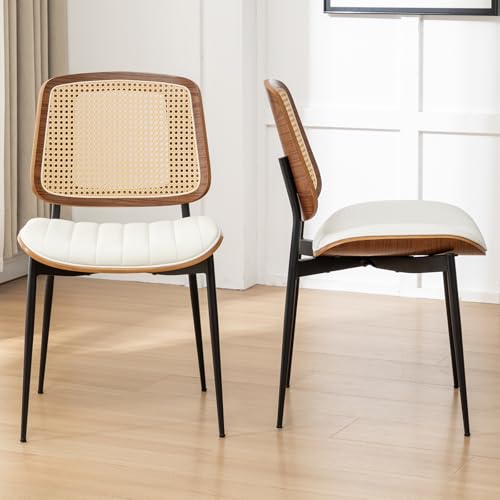Rattan Dining Room Chairs Set of 2, Mid Century Modern Kitchen Ktichen Chairs,Faux Leather Walnut Wood Finish Side Chair, Metal Legs Desk Chair with Rattan Backrest,White - color: White, size: Set of 2