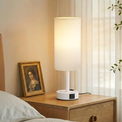 White Touch Bedside Lamp for Bedroom, Stepless Dimmable, USB A+C, AC Outlet | Base Touch Button Only, Memory Brightness, Ultra-dim Night Light, Included Bulb for Optimal Dimming, White Lamp Base, Nursery - color: White & White