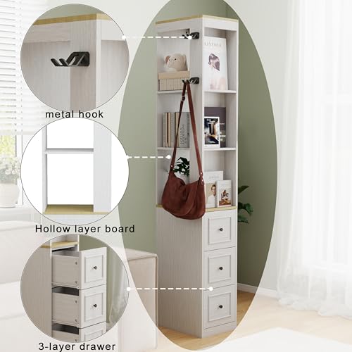 RASOO 73.03" CD Storage Tower, White Tall Narrow Bookcase Bathroom Storage Cabinet Media Tower Rack Multi-Functional Skinny Display Bookshelf with Drawers and Headphone Hook - size: RY0038