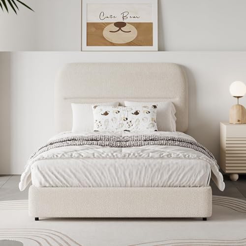 HOMBCK Twin Bed Frames with Headboard, Twin Size Boucle Upholstered Bed Frame for Kids, Soft Rounded Corners, Wooden Slats Support, No Box Spring Required, Easy Assembly, Cream - color: Cream, size: Twin