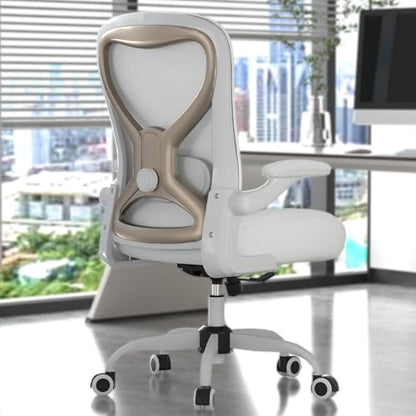 Ergonomic Home Office Chair, 4-Way Lumbar, Thick Cushion, 330LBS | Adjustable Lumbar (up/down/in/out), Rocking Mesh Back, Flip-up Arms, Easy Assembly, Ideal for home offices & small workspaces - color: White+champagne