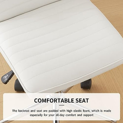 Furnimart Armless Swivel Rolling Desk Chair, Adjustable Faux Leather Vanity Chair with Gold Legs, Cute Task Chair with Wheels for Living Room Bedroom Studying Small Places (PU White) - color: Pu-white