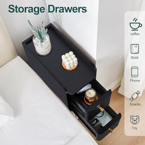 Narrow Nightstand Set of 2, Wooden Small 2 Drawer Nightstand, Slim Side End Table, Skinny Bedside Table, Mid Century Modern Night Stand with Drawers for Bedroom (Black-1 pc) - color: Black-1 Pc