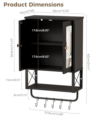 BEWISHOME Bathroom Medicine Cabinet Mirror with Towel Bar, Black | Wall Mounted Cabinet with Adjustable Shelf Hooks, Space-Saving Over-Toilet for Bathroom, Living Room, 7.1x15.4x24.4 Inches - color: Black