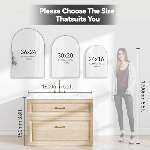 36x24 Bathroom Mirror Arch Wall Mounted/Against Aluminum Frame Silver | HD Crystal Clear No distortion Tempered Glass,Make-Up Vanity Mirrors for Bedroom,Entryway,Living Room - color: Silver, size: 36"L x 24"W
