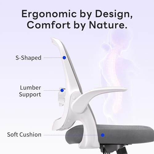 amseatec Ergonomic Mesh Desk Chair with Flip-Up Arms, Supports 300 lbs | Aerospace-grade frame, Mesh & 3" foam seat. 90-110° rocking, height adjustable, 360° swivel. - color: Grey