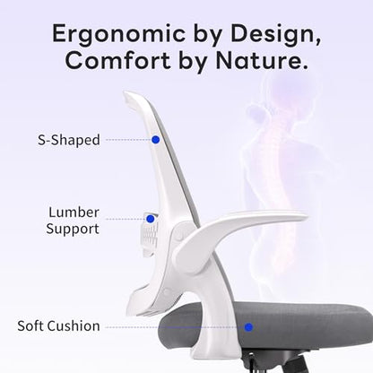 amseatec Ergonomic Mesh Desk Chair with Flip-Up Arms, Supports 300 lbs | Aerospace-grade frame, Mesh & 3" foam seat. 90-110° rocking, height adjustable, 360° swivel. - color: Grey