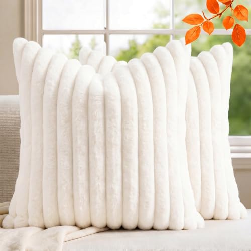 Pack of 2 Throw Pillow Covers 18x18 Decorative Solid Plush Faux Fur with Soft Velvet Back, Square Striped Cushion Cases Modern Farmhouse Home Decor for Living Room Couch Sofa Bed Cream White - color: 1-cream White, size: 18" x 18" (Pack of 2)