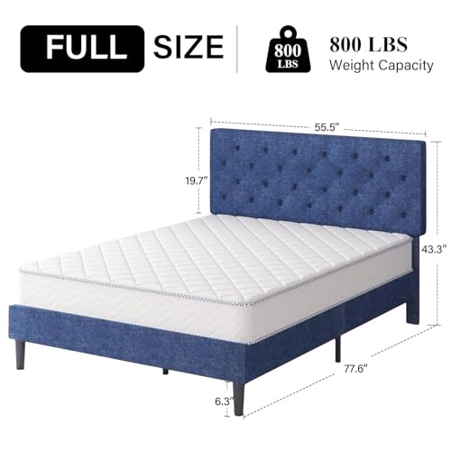 HOMBCK Full Bed Frame with Headboard, Linen Fabric Upholstered Bed Frame Full, Blue Bed Frame with Wood Slats, Button Tufted, No Box Spring Needed, Blue - color: Blue, size: Full