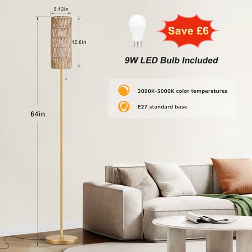 64" Floor Lamp with Bulb & Rattan Shade & Chain Switch, Beige | 3 Color Temperature,9W LED bulb,Boho Floor Lamp,Tall Pole Lamps,Living Room,Bedrooms,for Study,Office - color: z-beige rattan, size: 64.56 inches 1PCS
