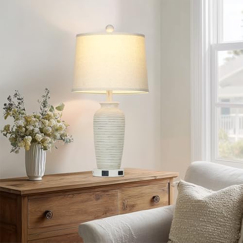 CINSARY 25" Retro White Farmhouse Jar Table Lamps for Living Room, 3 Way Touch Control Rustic Bedside Lamps with USB A+C Ports & AC Outlet, Pot Nightstand Lamps for Bedroom (LED Bulbs Included) - color: Retro-White-1Pack