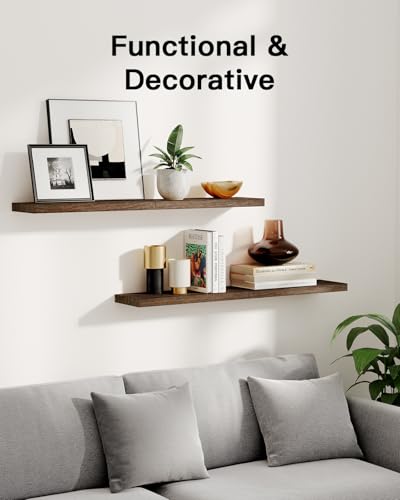 Amada Paulownia Wood Floating Shelves for Wall, Set of 4, Brown | Wall Shelves with Solid Metal Concealed Brackets, 22 lbs Capacity per Shelf, Includes Drilling Template, Flexible 4-Piece Set - color: Brown, size: 4