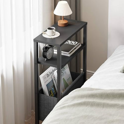 Narrow Side Table, Slim End Table with Magazine Rack, Skinny Bedside Table for Small Spaces, 3 Tier Sofa Couch Table Nightstand for Living Room, Bedroom, Black LET503B - color: Black, style: No Charging Station