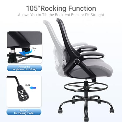 400lbs Heavy Duty Drafting Chair 5" Thickened Seat Office Chair with Flip-Up Armrests Tall Ergonomic Computer Chair with Lumbar Support and Adjustable Footrest Ring Standing Desk Chair(Grey) - color: Dark Drey