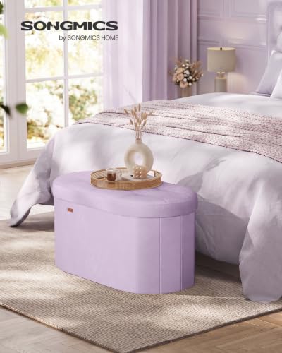 SONGMICS MINOTA Collection - Folding Ottoman with Storage, Oval Storage Ottoman Bench, for Living Room, Bedroom, Velvet Fabric, 15 x 29.9 x 15 Inches, Hibiscus Purple ULSF267PE01 - color: Hibiscus Purple, size: 15"D x 30"W x 15"H, style: Oval