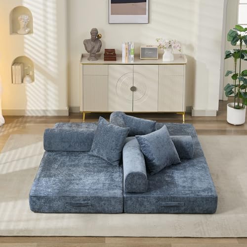 Convertible Folding Sofa Bed Modular Floor Couch, 78.8‘’ Cloud Sleeper Sofa with Removable Backrest, Chenille Foldable Mattress Couch, Lazy Loveseat for Small Space, Apartment, Bedroom, Blue - color: #3-blue