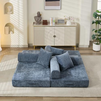 Convertible Folding Sofa Bed Modular Floor Couch, 78.8‘’ Cloud Sleeper Sofa with Removable Backrest, Chenille Foldable Mattress Couch, Lazy Loveseat for Small Space, Apartment, Bedroom, Blue - color: #3-blue