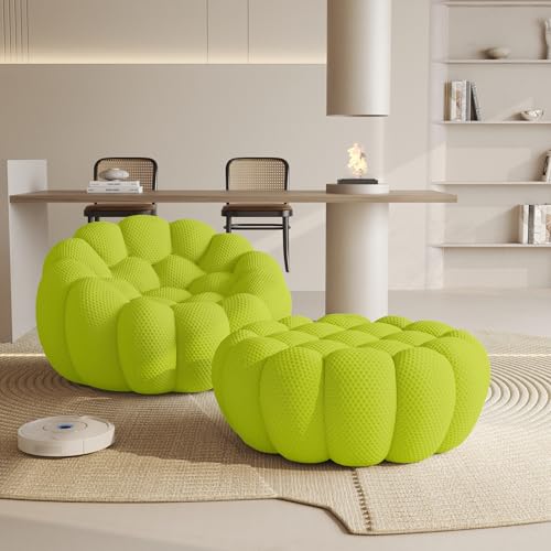 Modular Sectional Sofa,Bubble Couch Set,1 Seater+ Ottoman,Modern Upholstered Bean Bag Sofa Couch Mesh Fabric Lazy Floor Chair Living Roon Sets (Lemon Green) - color: Lemon Green, size: 48"+42"