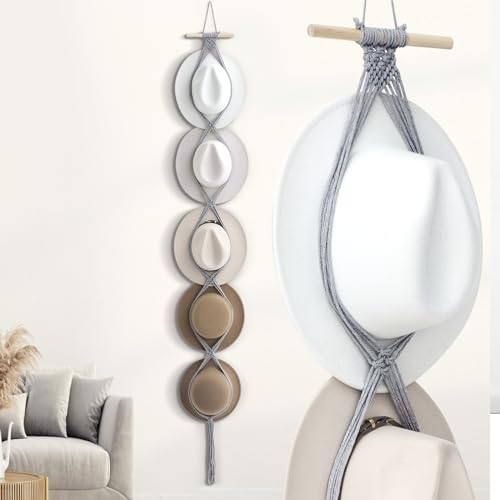 Macrame Hat Hangers Racks Boho Cowboy Hats Holders Western Display Organizer Storage decor Back of Door for Wall(Gray,Five Hats Style) - color: Gray, style: Five Hats Style
