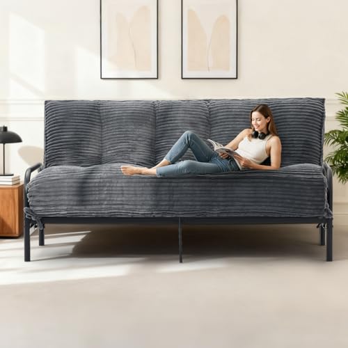 10" Futon Mattress Queen Size,Futons Sofa Couch Bed with Straps, Thick Corduroy Floor Mattress for Adults, Roll Up Folding Mattress Shredded Foam Filling, Medium Firm (Gray, Full) - color: Grey, size: Full (10 inches)