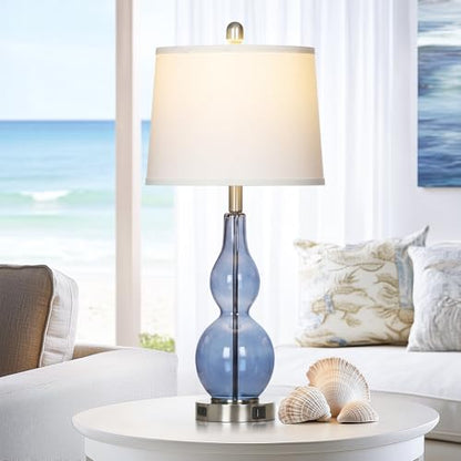 Rinweey 27.5" Coastal Blue Glass Double Gourd Table Lamp Set of 2,3-Way Dimmable Touch Control Bedside Lamps with USB Ports and AC Outlet, Nautical Nightstand Lamps for Bedroom Living Room - color: Blue