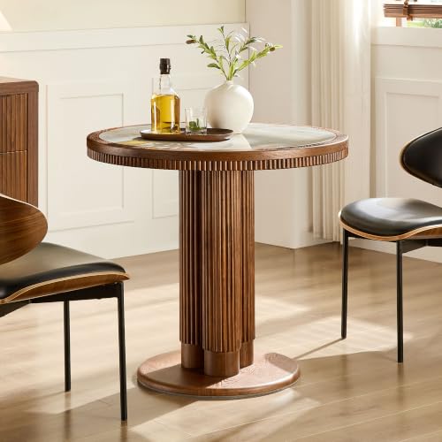 33.07 inch Mid-Century Round Dining Table for 2-4 People, 9mm Sintered Stone Recessed Tabletop, Solid Wood Reinforced MDF Frame, Compact Circular Bistro Table for Kitchen Dining Room - color: 33.07 Inch Walnut