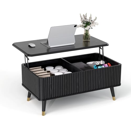 SULIVES Lift Top Coffee Table with Storage,Fluted Coffee Table with Lifting Top,Mid Century Modern Center Table with Solid Wood Legs,Small Coffee Tables for Living Room,Black - color: Black_rectangular